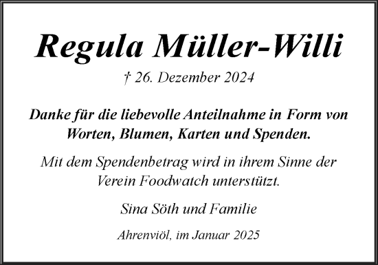 Traueranzeige von Regula Müller-Willi von Husumer Nachrichten, Nordfriesland Tageblatt