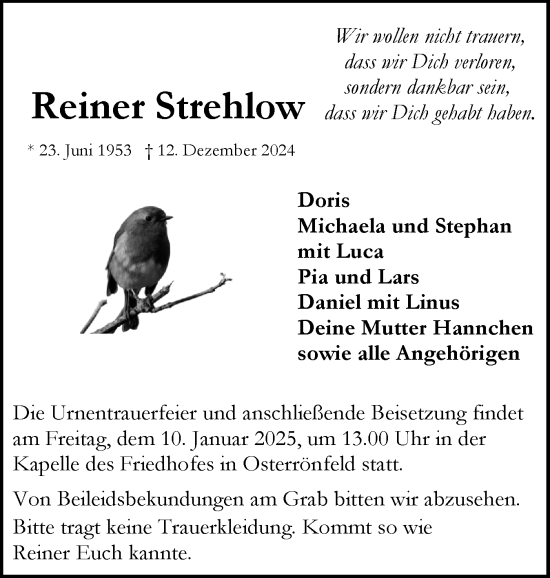 Traueranzeige von Reiner Strehlow von Schleswig-Holsteinische Landeszeitung
