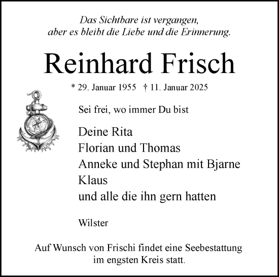 Traueranzeige von Reinhard Frisch von Norddeutsche Rundschau, Wilstersche Zeitung, Glückstädter Fortuna