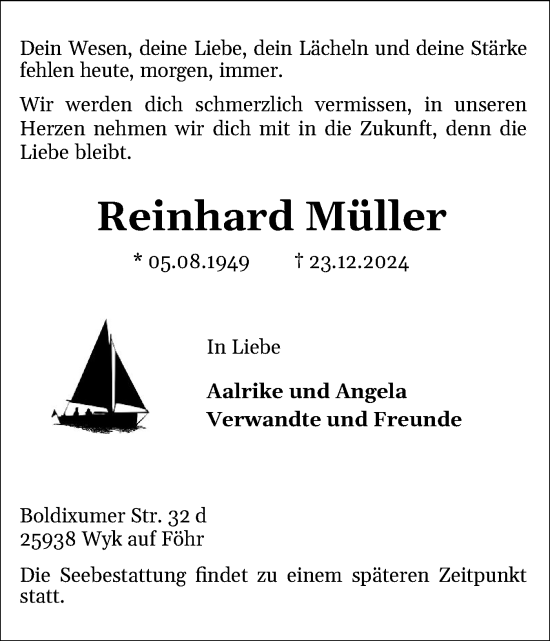 Traueranzeige von Reinhard Müller von Der Insel-Bote