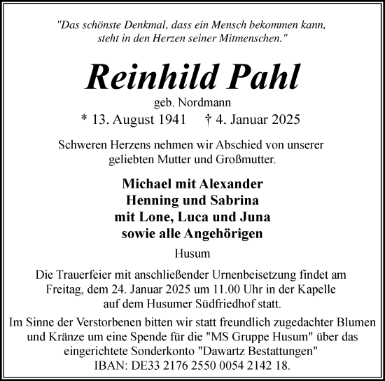 Traueranzeige von Reinhild Pahl von Husumer Nachrichten, Nordfriesland Tageblatt