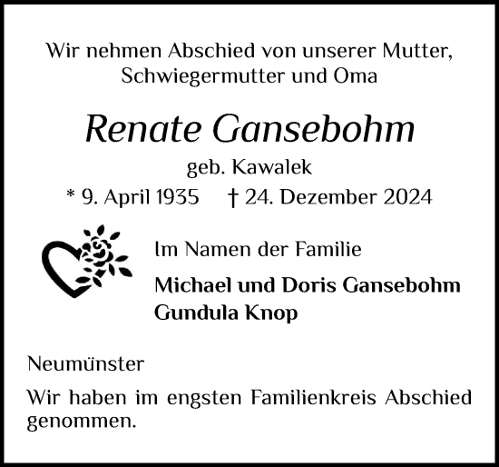 Traueranzeige von Renate Gansebohm von Holsteinischer Courier