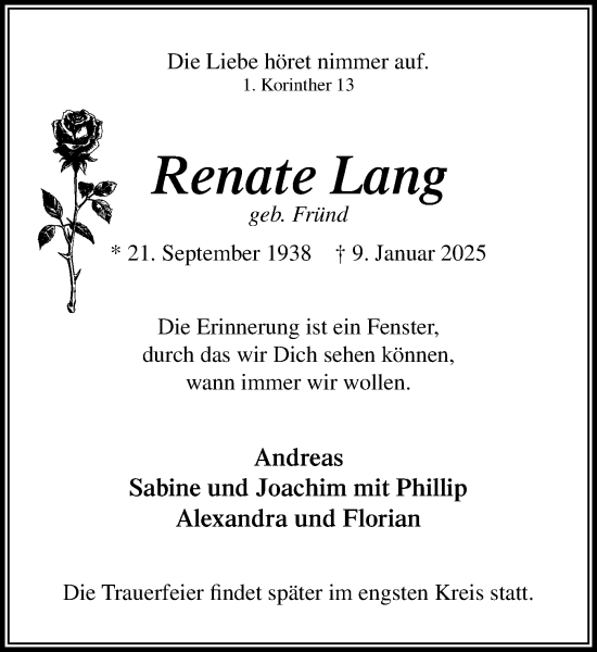 Traueranzeige von Renate Lang von MARKT Glinde/Reinfeld