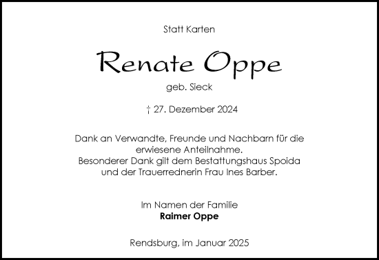 Traueranzeige von Renate Oppe von Schleswig-Holsteinische Landeszeitung
