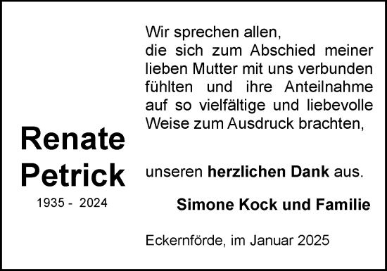 Traueranzeige von Renate Petrick von Eckernförder Zeitung, Hallo Eckernförde