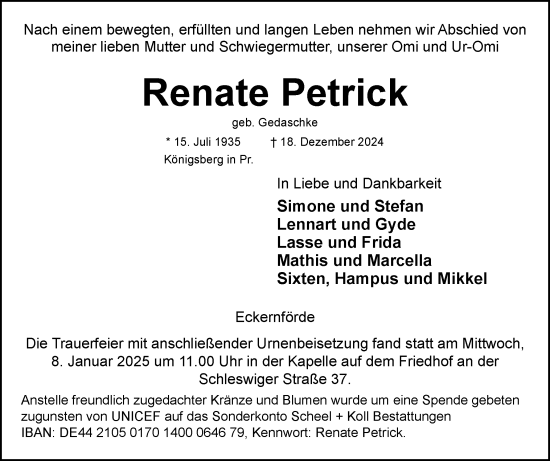 Traueranzeige von Renate Petrick von Hallo Eckernförde