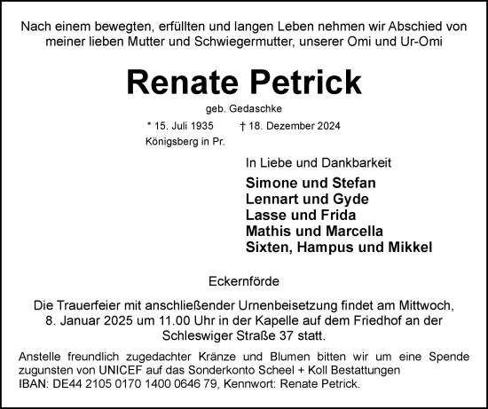 Traueranzeige von Renate Petrick von Eckernförder Zeitung