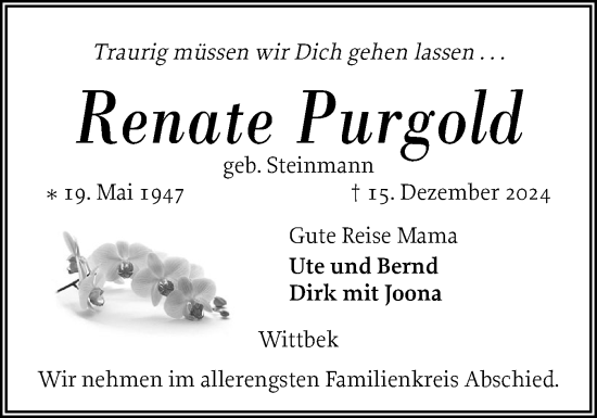 Traueranzeige von Renate Purgold von Husumer Nachrichten, Nordfriesland Tageblatt