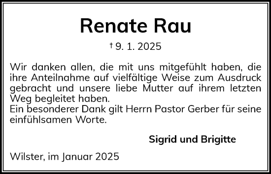Traueranzeige von Renate Rau von Norddeutsche Rundschau, Wilstersche Zeitung, Glückstädter Fortuna