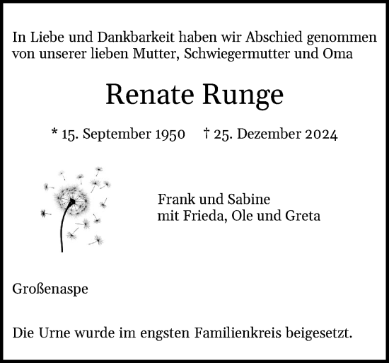 Traueranzeige von Renate Runge von Holsteinischer Courier