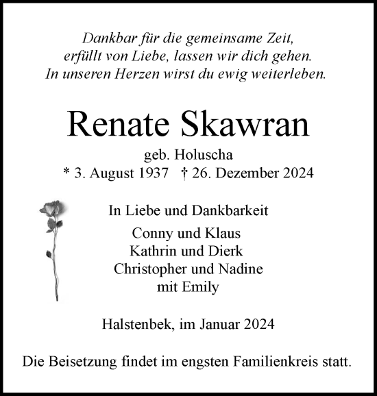 Traueranzeige von Renate Skawran von Region Pinneberg und tip Pinneberg