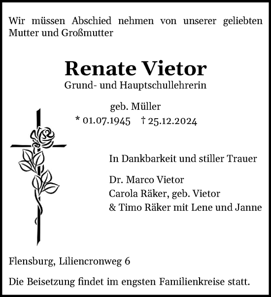 Traueranzeige von Renate Vietor von Region Flensburg