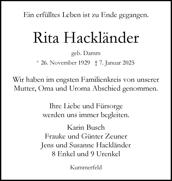 Traueranzeige von Rita Hackländer von Region Pinneberg und tip Pinneberg