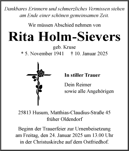 Traueranzeige von Rita Holm-Sievers von Husumer Nachrichten, Nordfriesland Tageblatt
