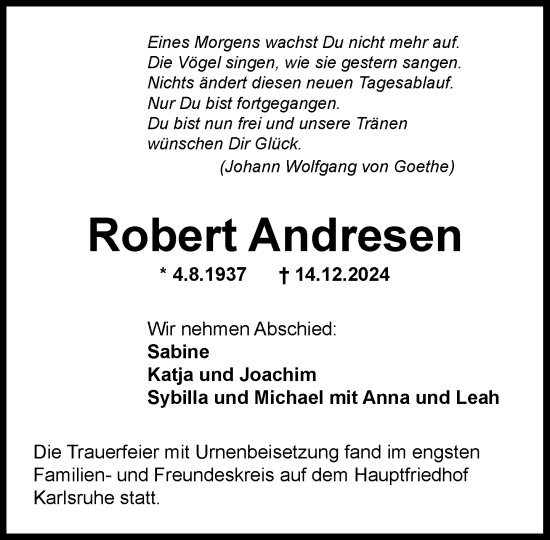 Traueranzeige von Robert Andresen von MARKT Ahrensburg/Bargteheide/Trittau und Stormarner Tageblatt