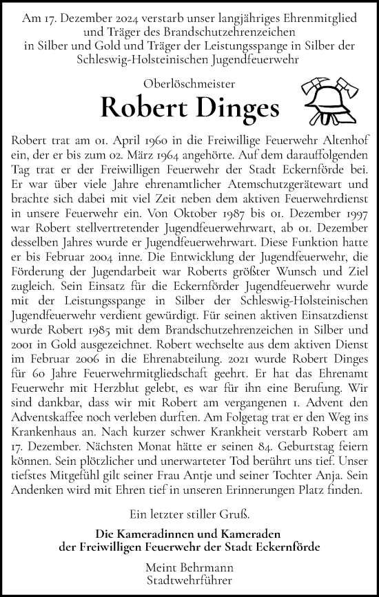 Traueranzeige von Robert Dinges von Eckernförder Zeitung, Hallo Eckernförde
