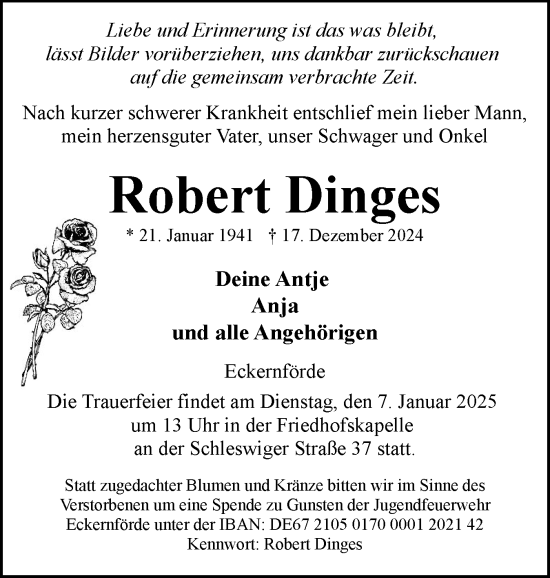 Traueranzeige von Robert Dinges von Eckernförder Zeitung, Hallo Eckernförde