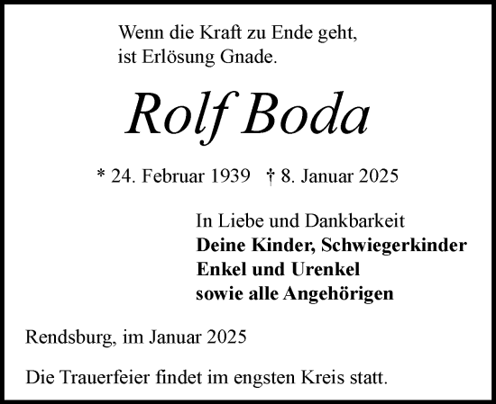 Traueranzeige von Rolf Boda von Schleswig-Holsteinische Landeszeitung