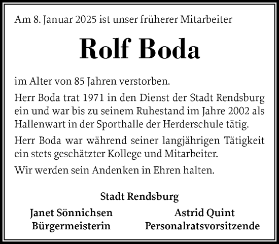 Traueranzeige von Rolf Boda von Schleswig-Holsteinische Landeszeitung