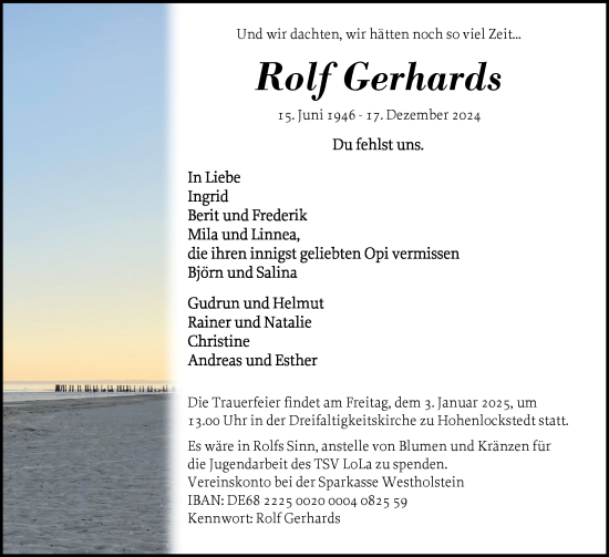 Traueranzeige von Rolf Gerhards von Norddeutsche Rundschau, Wilstersche Zeitung, Glückstädter Fortuna