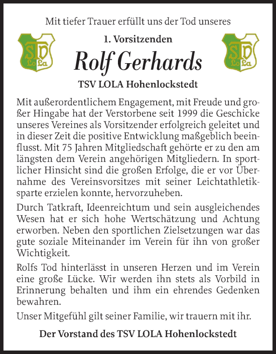 Traueranzeige von Rolf Gerhards von Norddeutsche Rundschau, Wilstersche Zeitung, Glückstädter Fortuna