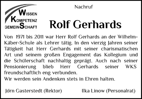 Traueranzeige von Rolf Gerhards von Norddeutsche Rundschau, Wilstersche Zeitung, Glückstädter Fortuna