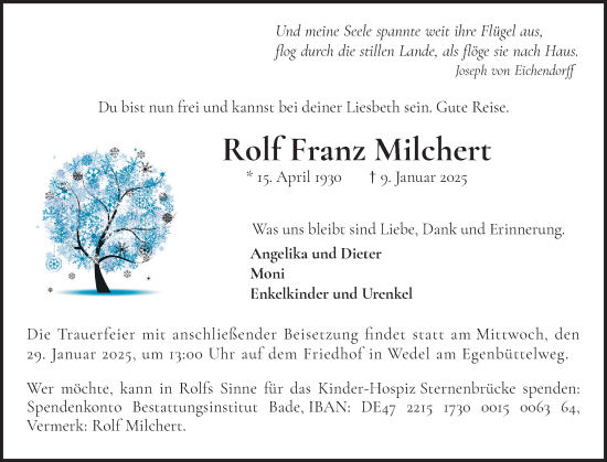 Traueranzeige von Rolf Franz Milchert von Wedel-Schulauer Tageblatt, tip Wedel-Schulauer Tageblatt, tip Rissener Rundschau