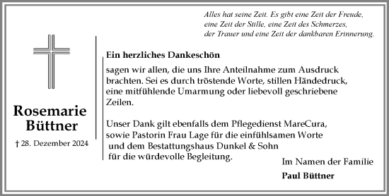 Traueranzeige von Rosemarie Büttner von MARKT Ratzeburg/Mölln