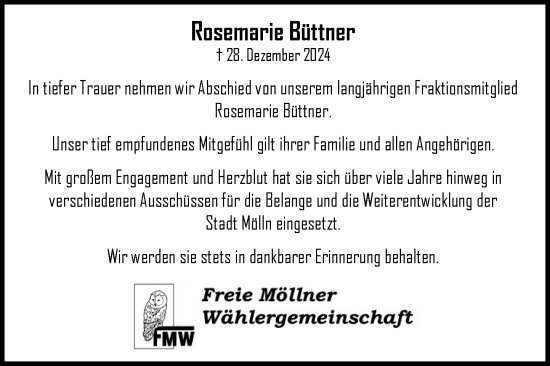 Traueranzeige von Rosemarie Büttner von MARKT Ratzeburg/Mölln