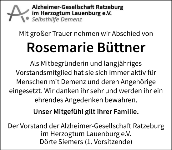 Traueranzeige von Rosemarie Büttner von MARKT Ratzeburg/Mölln