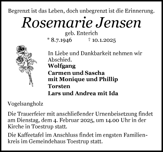 Traueranzeige von Rosemarie Jensen von Flensburger Tageblatt