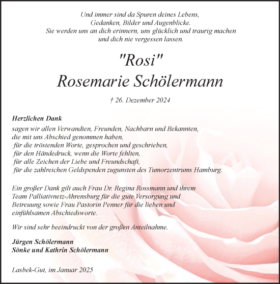 Traueranzeige von Rosemarie Schölermann von MARKT Bad Oldesloe/Reinfeld, MARKT Ahrensburg/Bargteheide/Trittau und Stormarner Tageblatt
