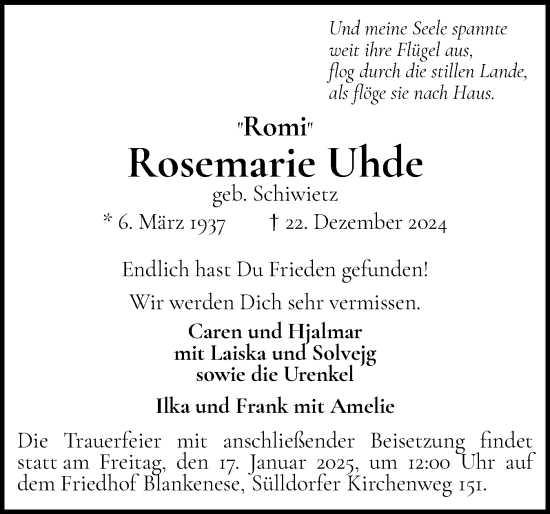 Traueranzeige von Rosemarie Uhde von Wedel-Schulauer Tageblatt, tip Wedel-Schulauer Tageblatt, tip Rissener Rundschau