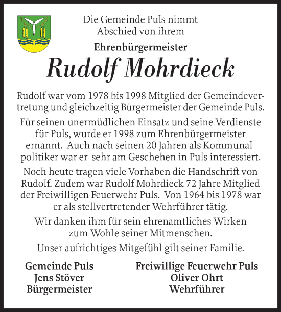 Traueranzeige von Rudolf Mohrdieck von Norddeutsche Rundschau, Wilstersche Zeitung, Glückstädter Fortuna