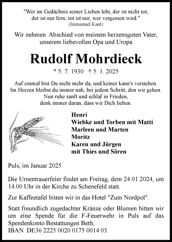 Traueranzeige von Rudolf Mohrdieck von Schleswig-Holsteinische Landeszeitung