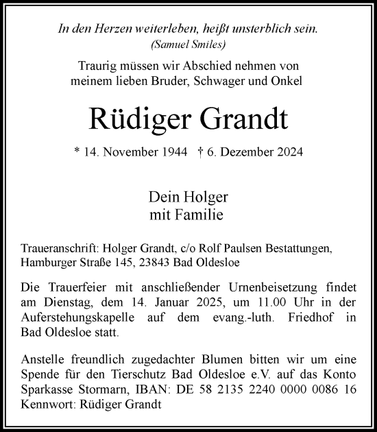 Traueranzeige von Rüdiger Grandt von MARKT Bad Oldesloe/Reinfeld und Stormarner Tageblatt