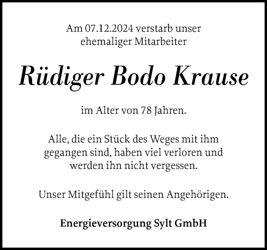 Traueranzeige von Rüdiger Bodo Krause von Sylter Rundschau