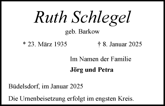 Traueranzeige von Ruth Schlegel von Schleswig-Holsteinische Landeszeitung