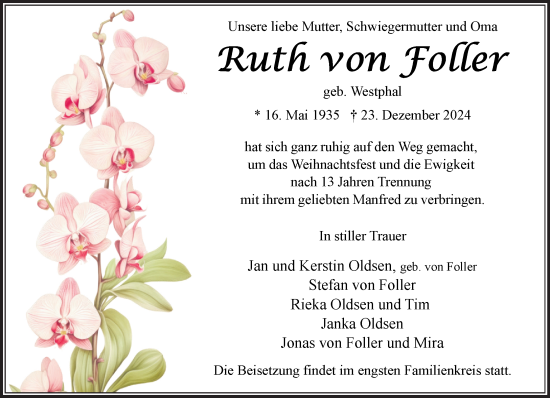 Traueranzeige von Ruth von Foller von MARKT Bad Oldesloe/Reinfeld und Stormarner Tageblatt