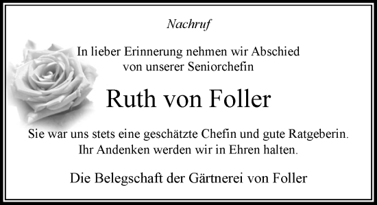 Traueranzeige von Ruth von Foller von MARKT Bad Oldesloe/Reinfeld und Stormarner Tageblatt