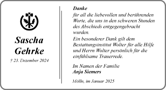 Traueranzeige von Sascha Gehrke von MARKT Ratzeburg/Mölln