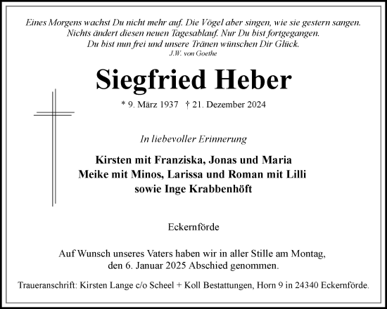 Traueranzeige von Siegfried Heber von Eckernförder Zeitung, Hallo Eckernförde