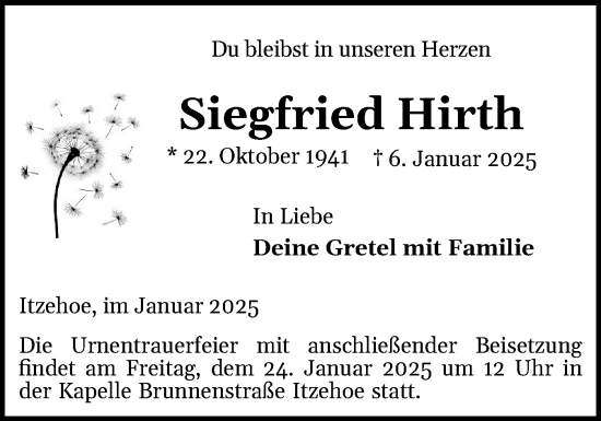 Traueranzeige von Siegfried Hirth von Norddeutsche Rundschau, Wilstersche Zeitung, Glückstädter Fortuna
