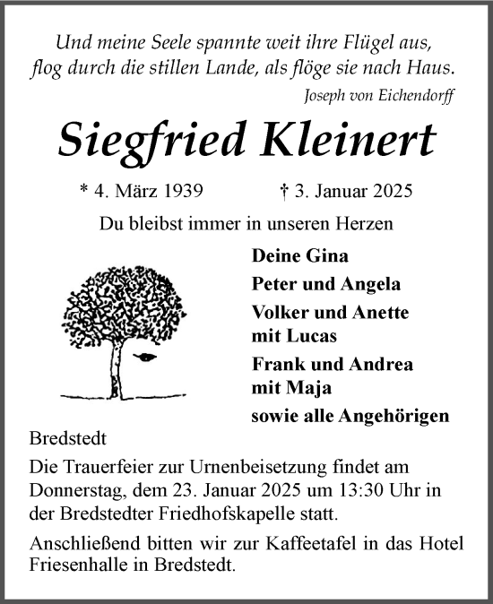Traueranzeige von Siegfried Kleinert von Husumer Nachrichten, Nordfriesland Tageblatt