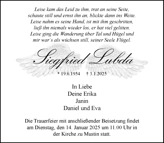 Traueranzeige von Siegfried Lubda von MARKT Ratzeburg/Mölln