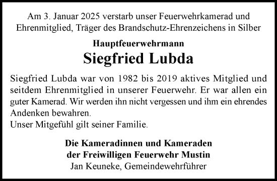 Traueranzeige von Siegfried Lubda von MARKT Ratzeburg/Mölln