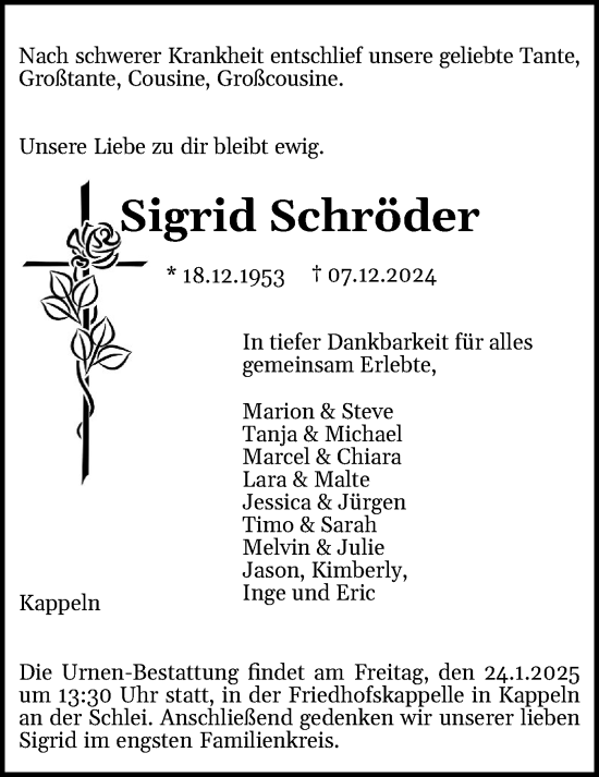 Traueranzeige von Sigrid Schröder von Region Flensburg