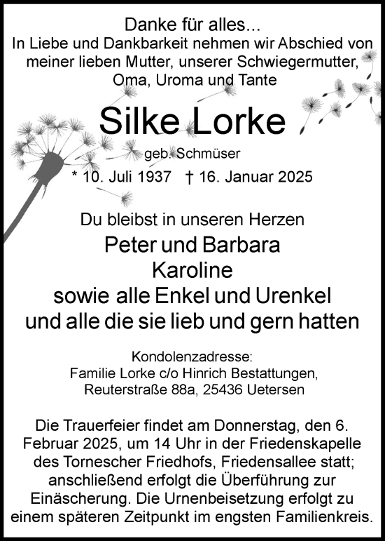 Traueranzeige von Silke Lorke von Uetersener Nachrichten, Der tip am Wochenende