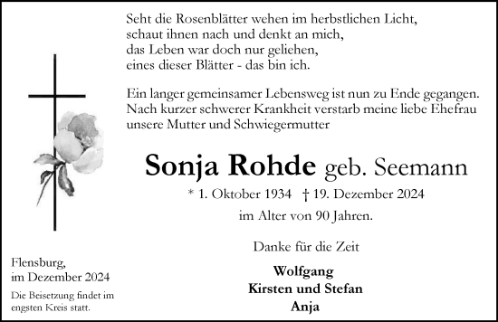 Traueranzeige von Sonja Rohde von Flensburger Tageblatt