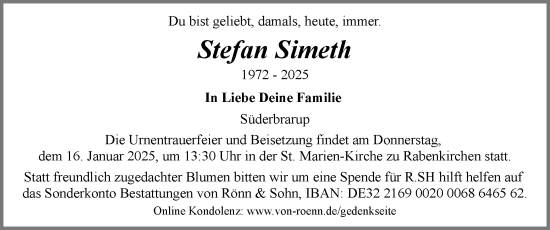 Traueranzeige von Stefan Simeth von Schleswiger Nachrichten, Schlei-Bote